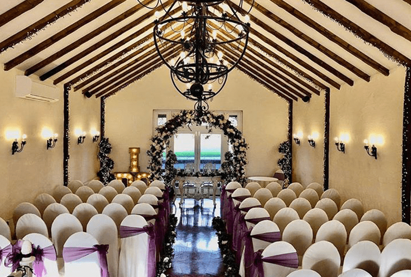Wedding hall with violet ribbons