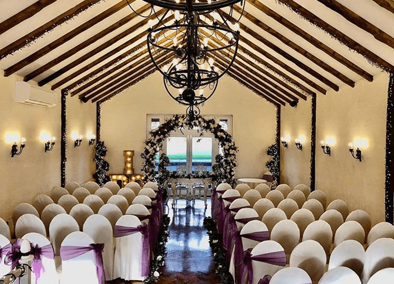 Wedding hall with violet ribbons