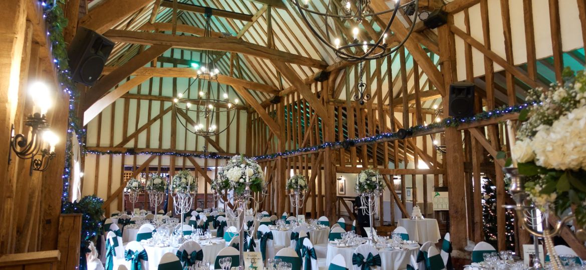 Teal coloured seat bows in a wedding hall