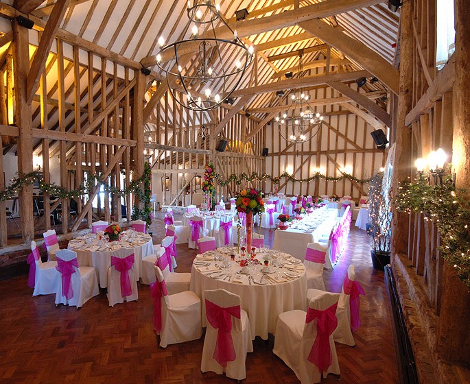 Pink themed wedding reception hall